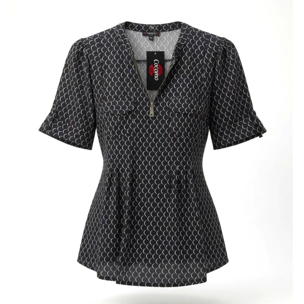 Cocomo Women's Plus Size 2X Black & White Geo Print Pintuck Short Sleeve Top